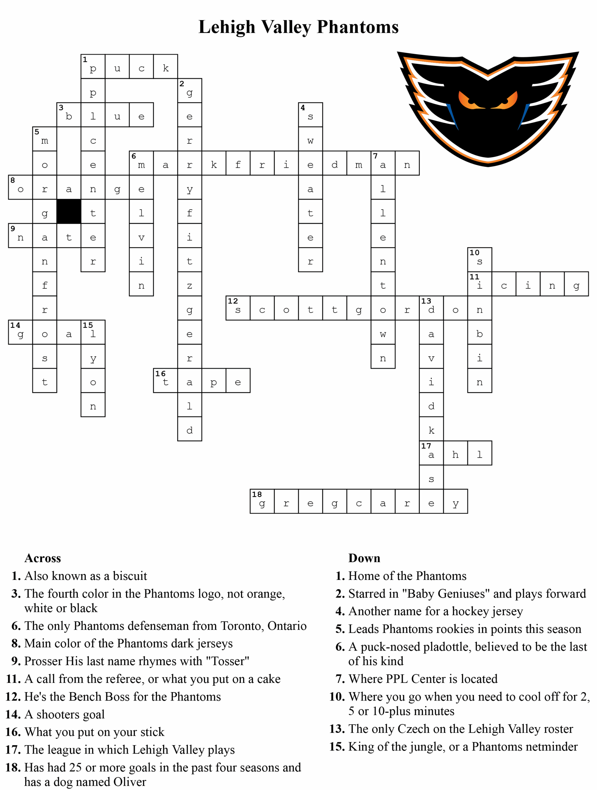 Phantoms Crossword 1 Answer Key Lehigh Valley Phantoms