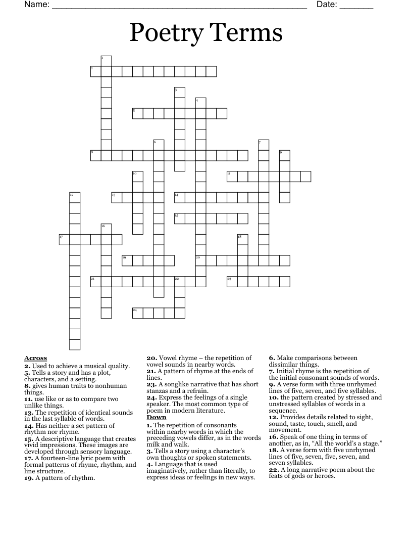 Poetry Terms Crossword WordMint