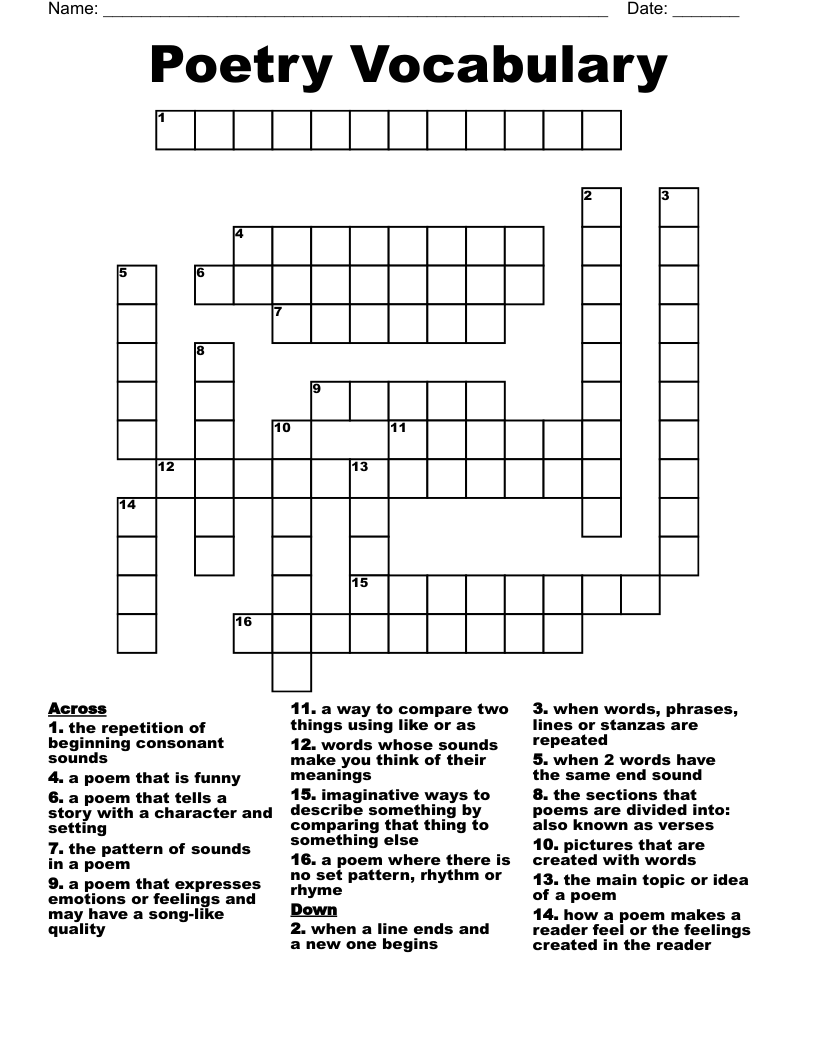 Poetry Vocabulary Crossword WordMint