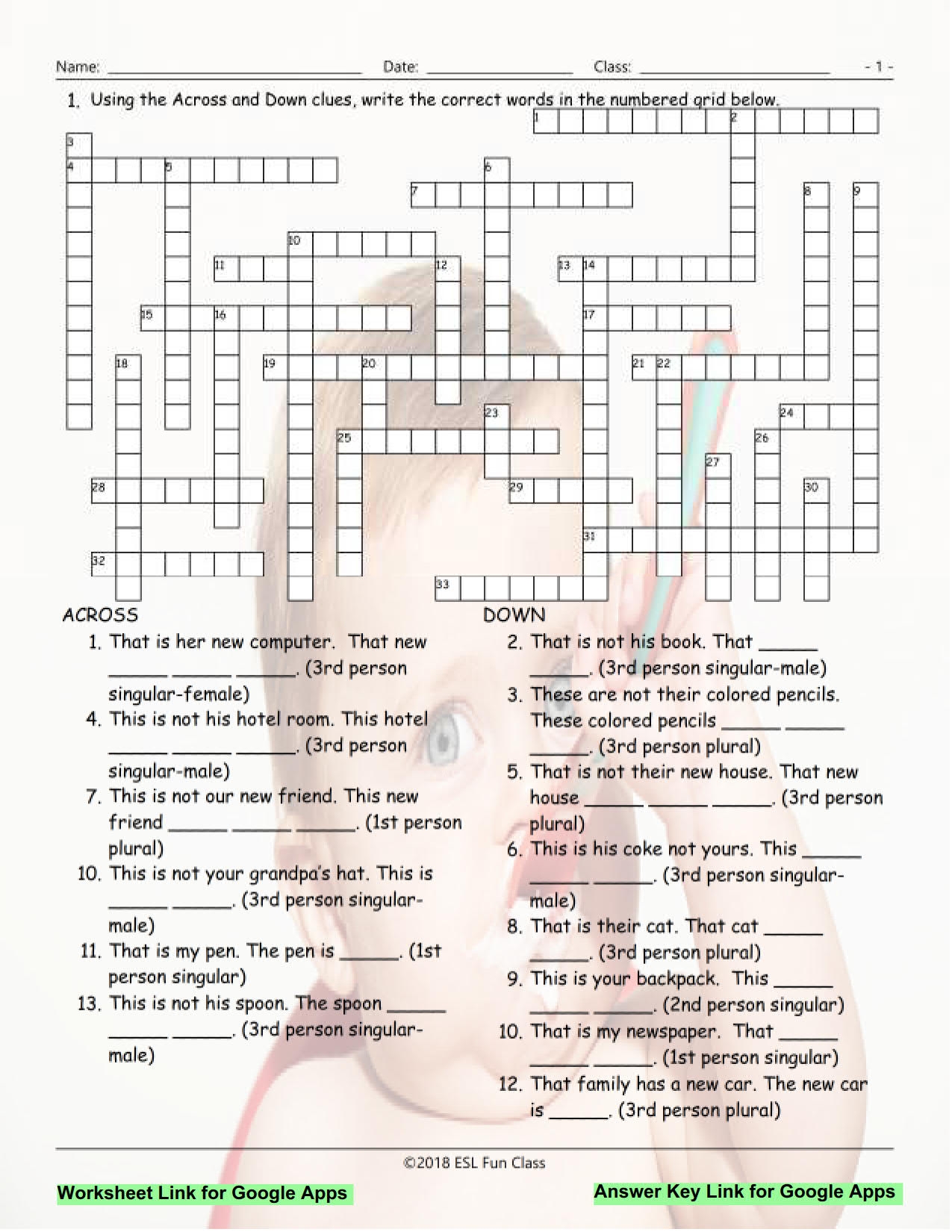 Possessive Pronouns Interactive Crossword Puzzle For Google Apps Teaching Resources