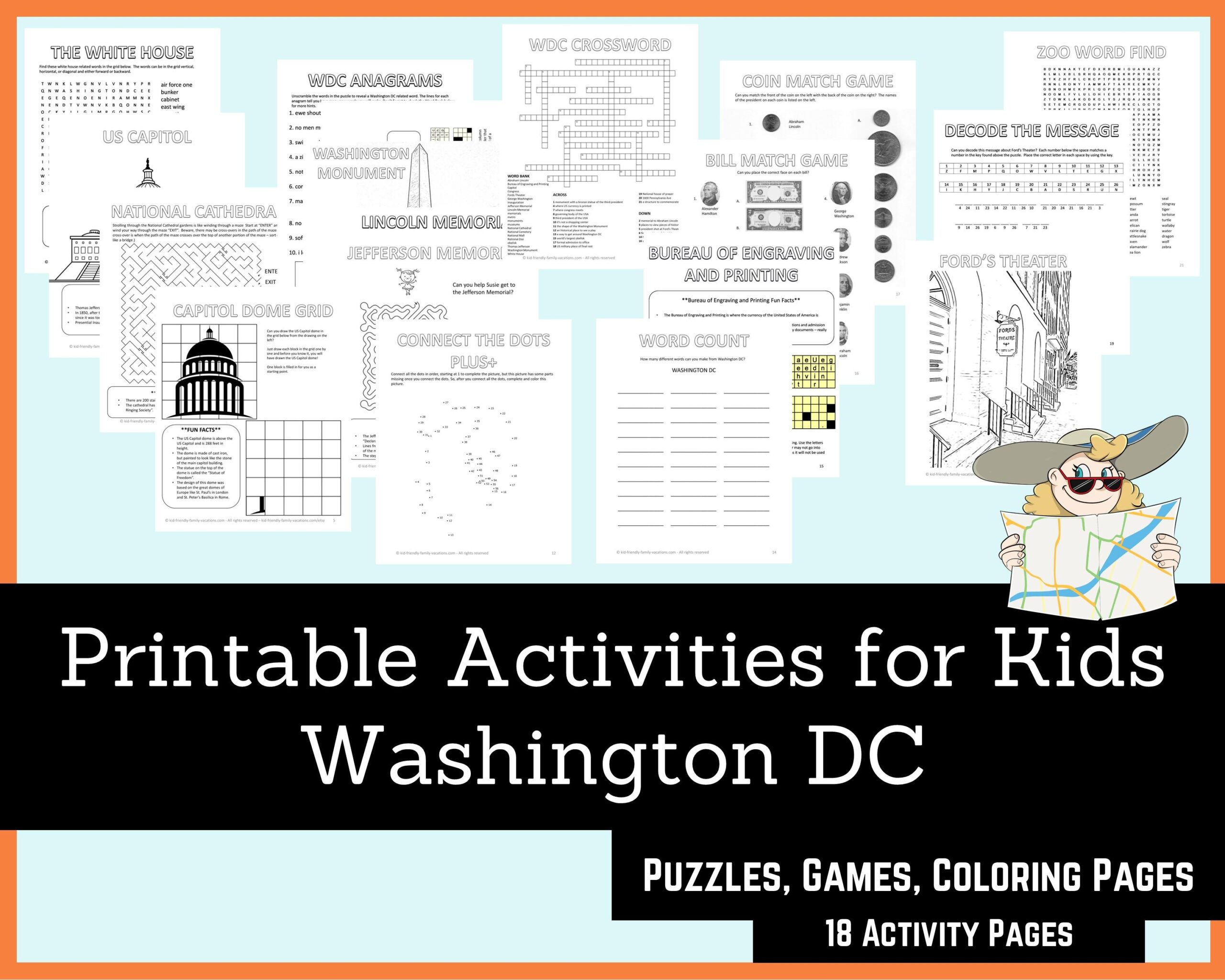 Printable Activities For Kids Washington DC Homeschool Travel Play Crossword Puzzle Coloring Pages Word Search Connect The Dots Etsy