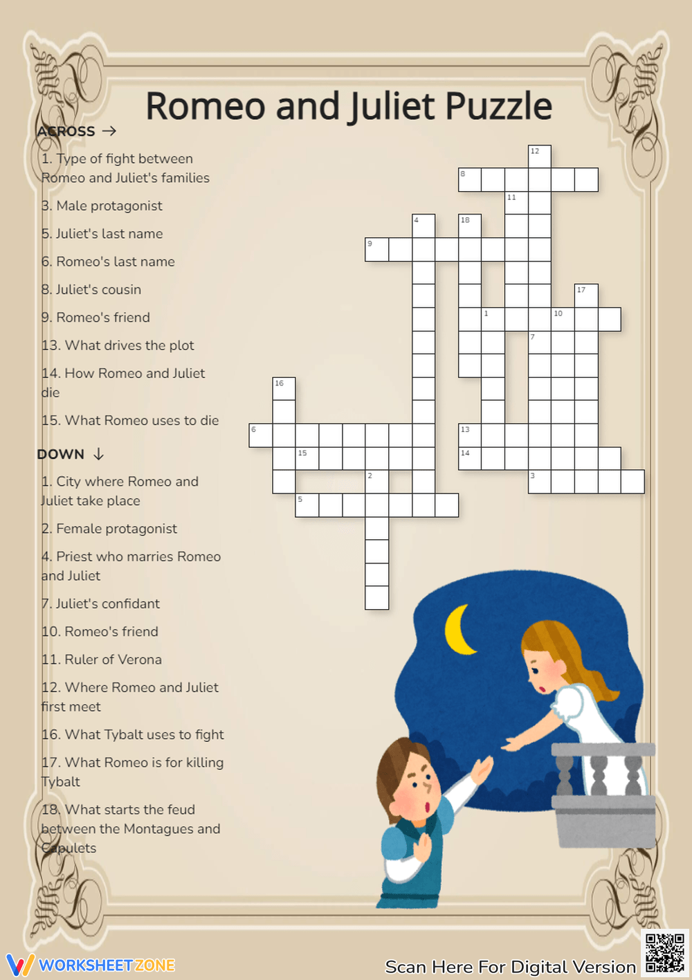 Printable Grade 2 Romeo And Juliet Crossword Puzzle Worksheets
