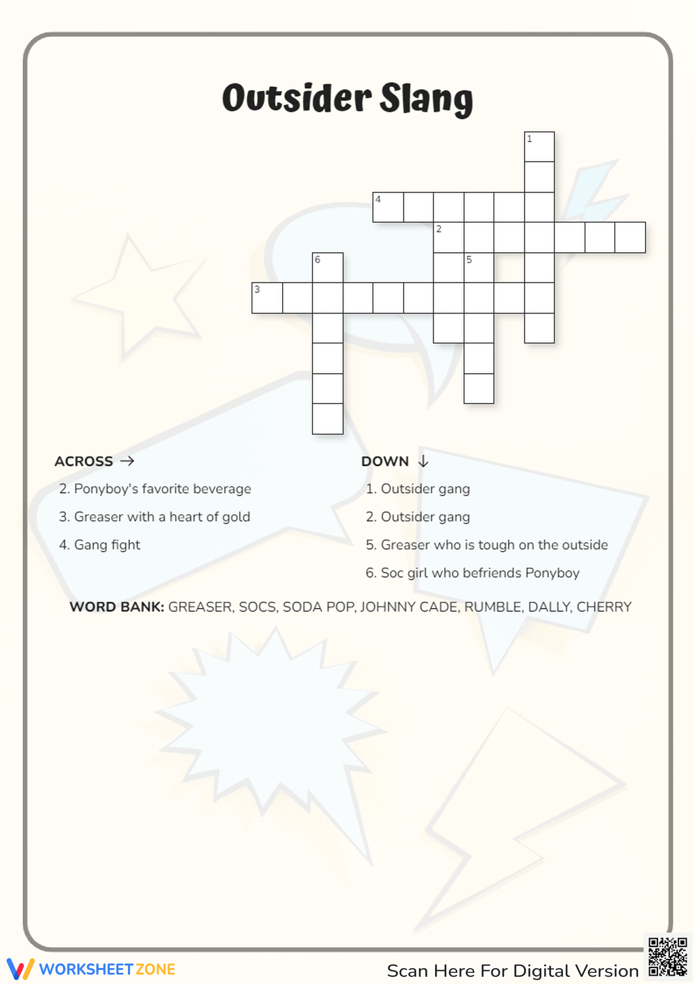 Printable Grade 3 The Outsiders Crossword Puzzle Worksheets Download