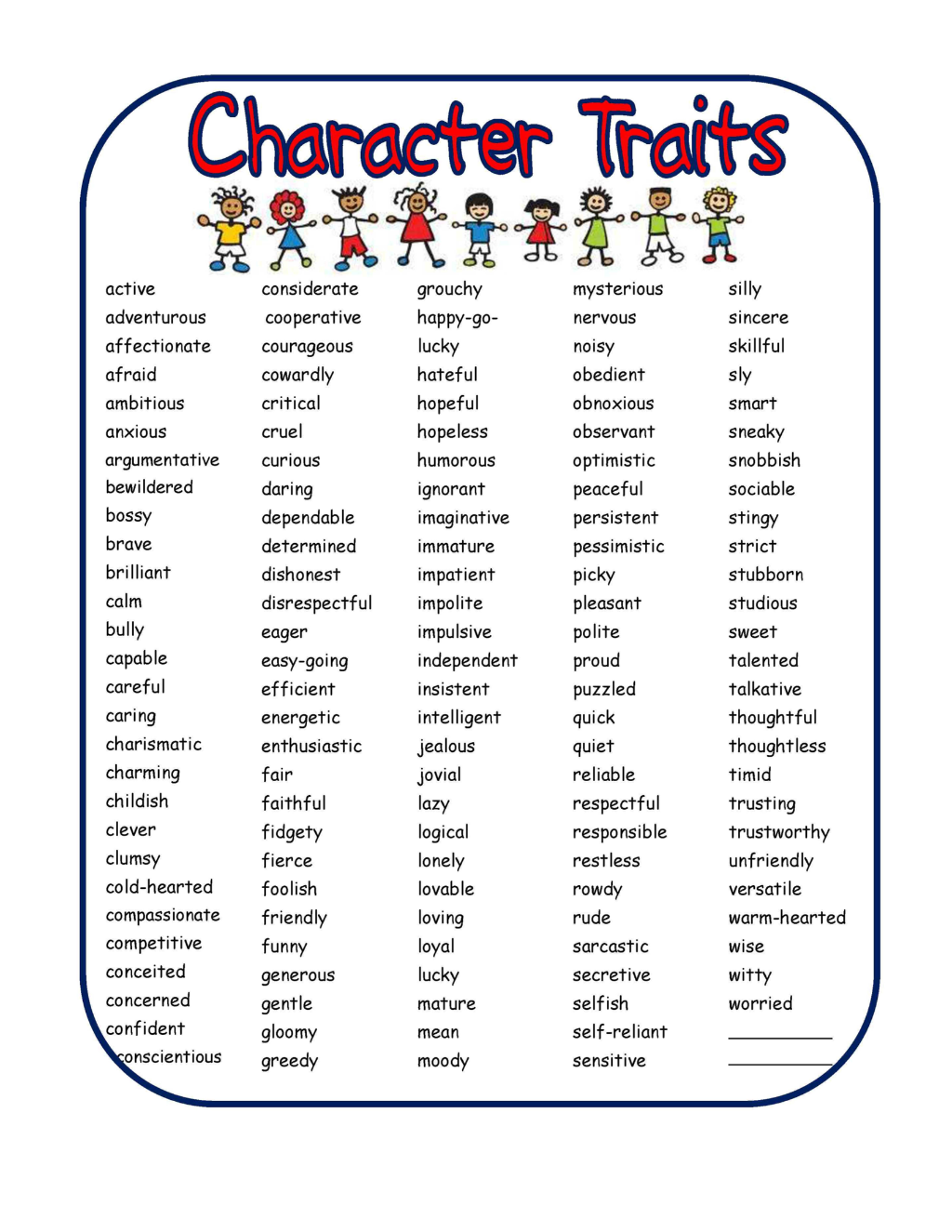 Printable Character Traits Crossword Puzzle