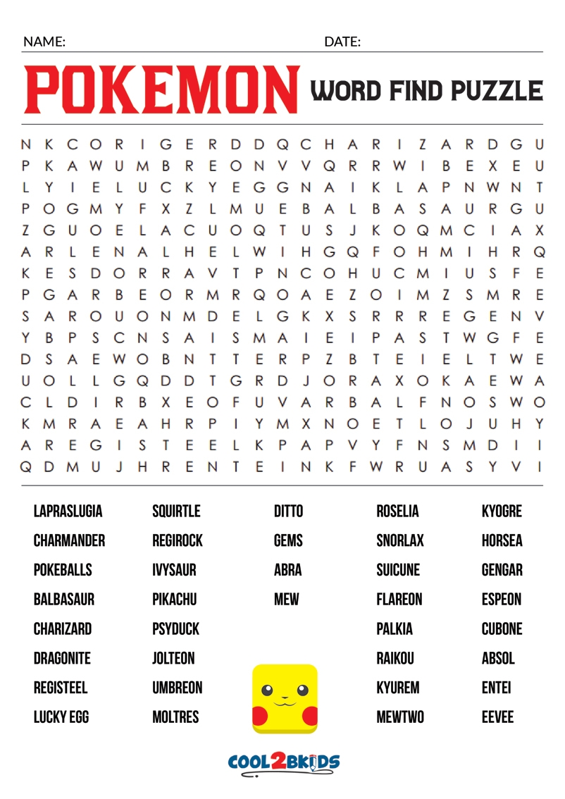 Printable Pokemon Crossword Puzzles