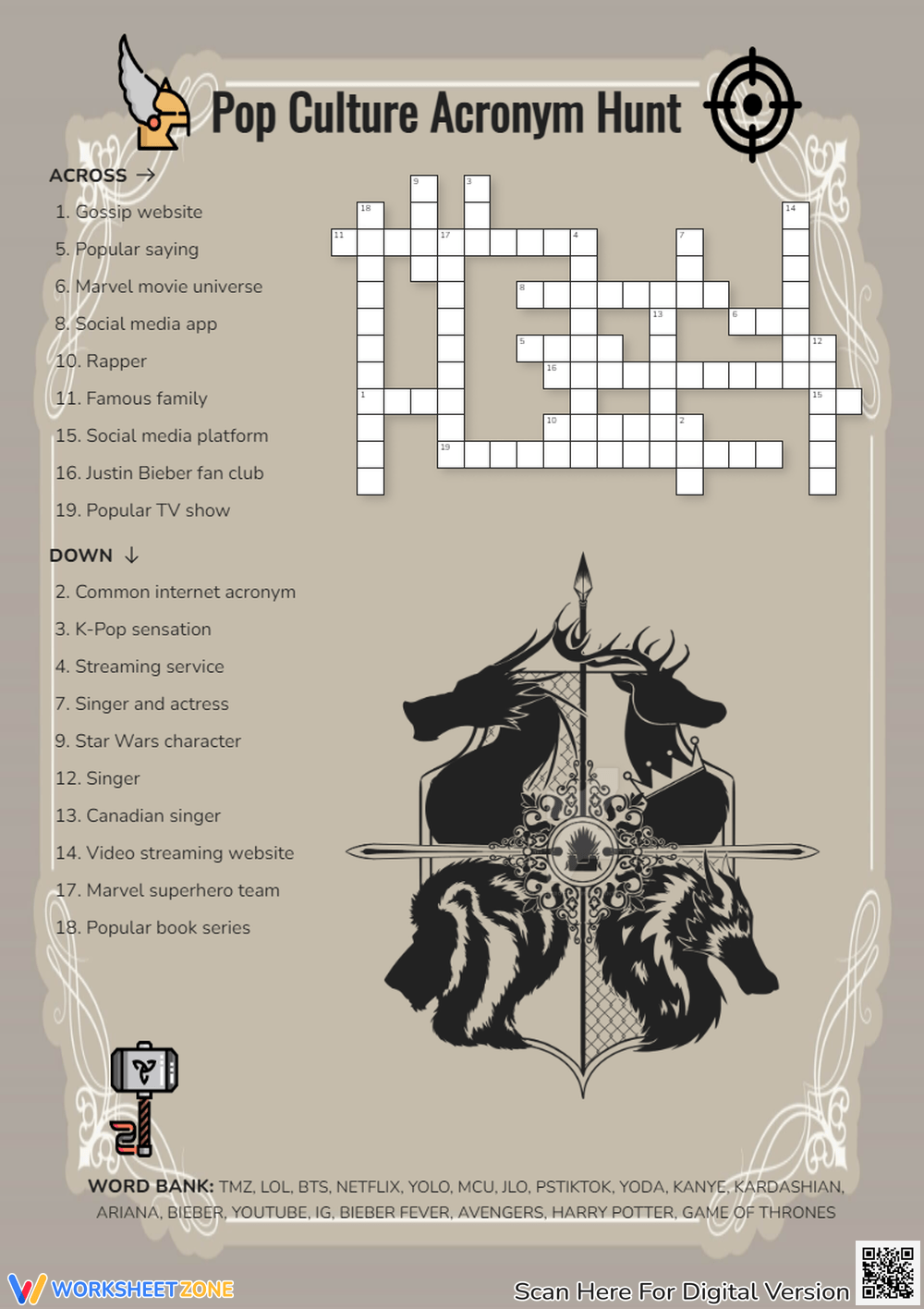 Printable Pop Culture Crossword Puzzles Worksheets