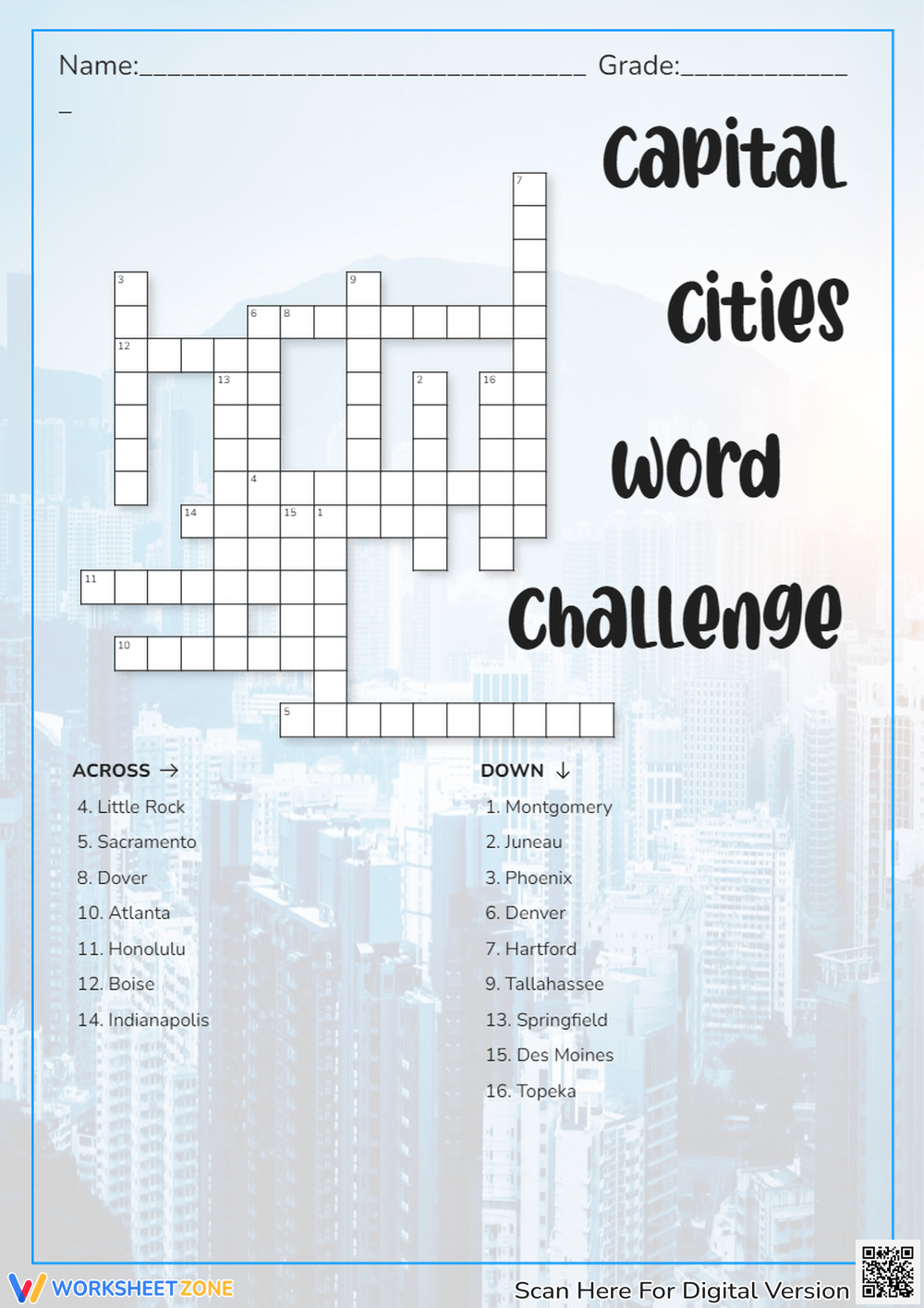 Printable State Capitals Crossword Worksheets Download