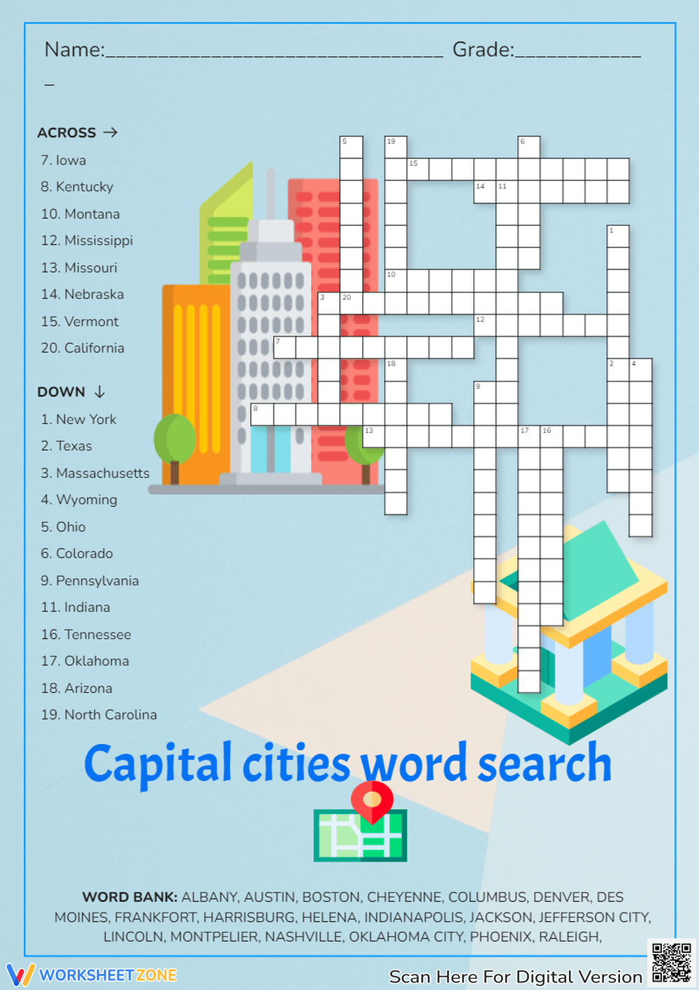 Printable State Capitals Crossword Worksheets Download