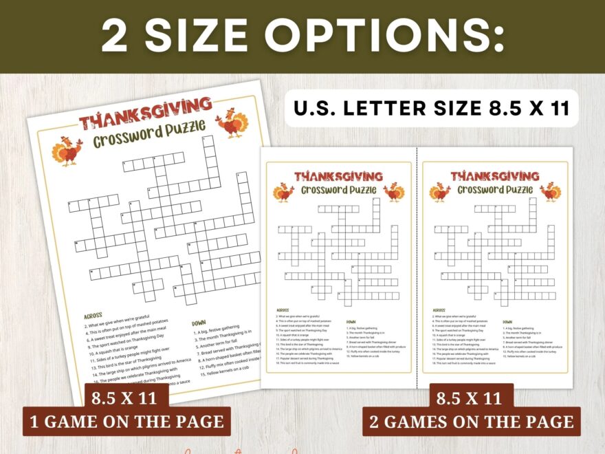 Printable Thanksgiving Crossword Puzzle For Kids And Adults Crossword Game For Thanksgiving Gatherings And Classrooms Instant Download Etsy