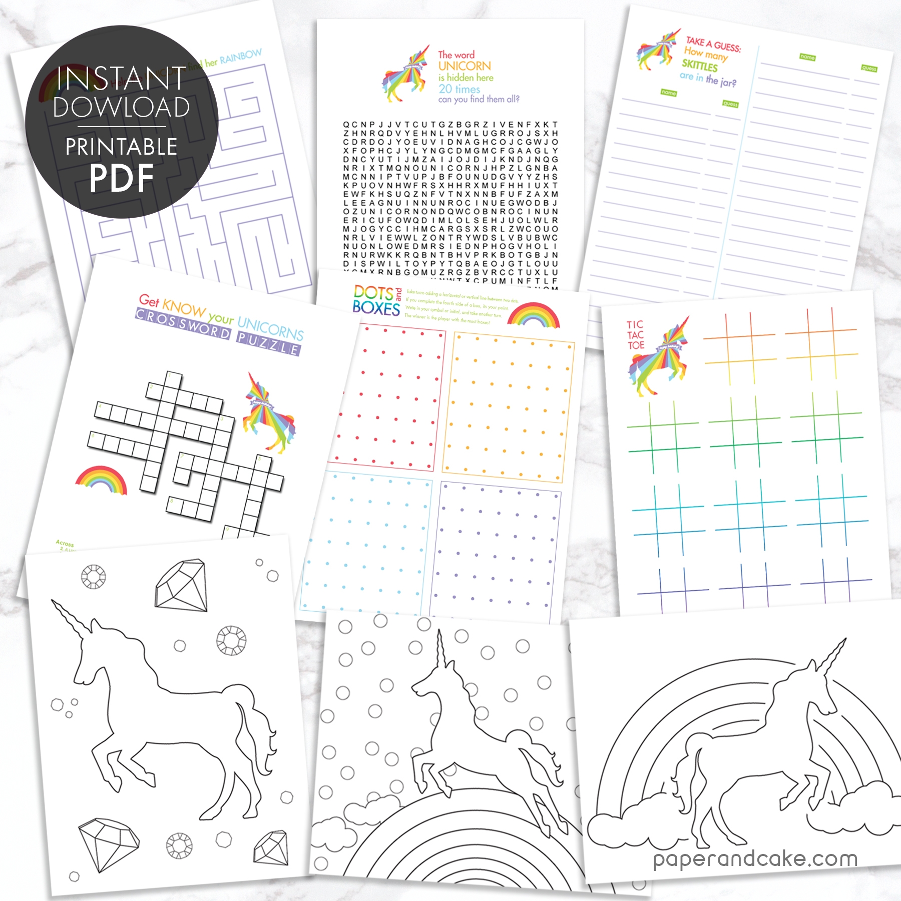 Rainbows And Unicorns Printable Party Games Paper And Cake