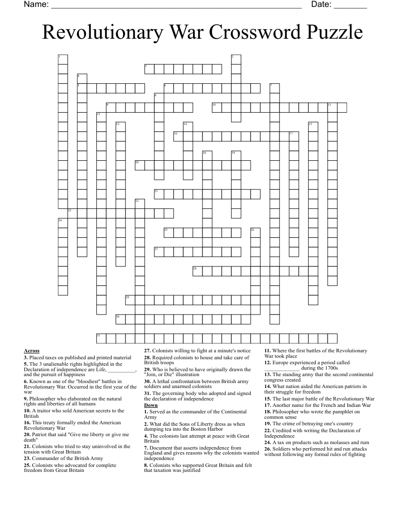 Revolutionary War Crossword Puzzle WordMint
