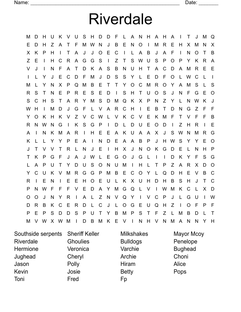 RIVERDALE CROSSWORD PUZZLE Word Search WordMint