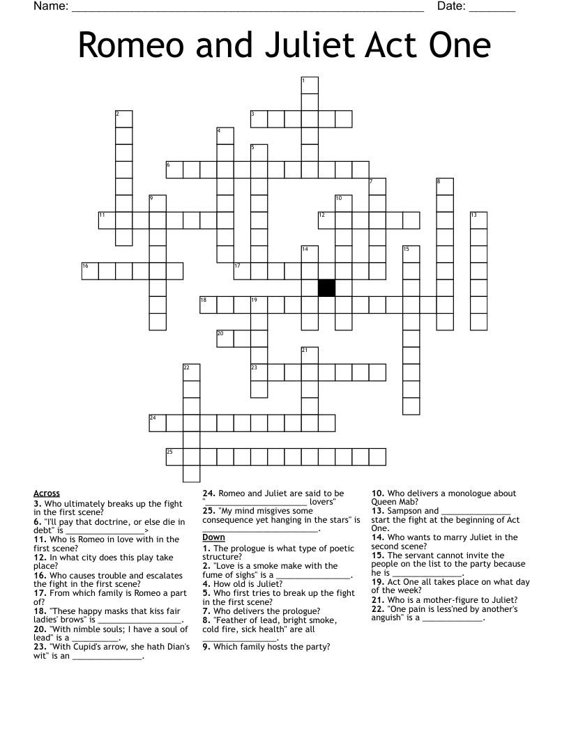 Romeo And Juliet Act One Crossword WordMint