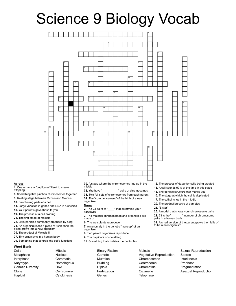 Science 9 Biology Vocab Crossword WordMint