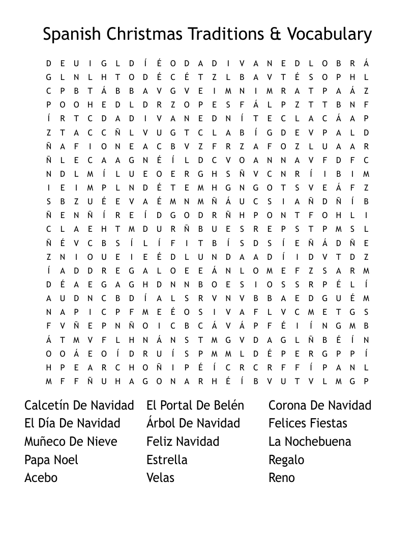 Spanish Christmas Traditions Vocabulary Word Search WordMint