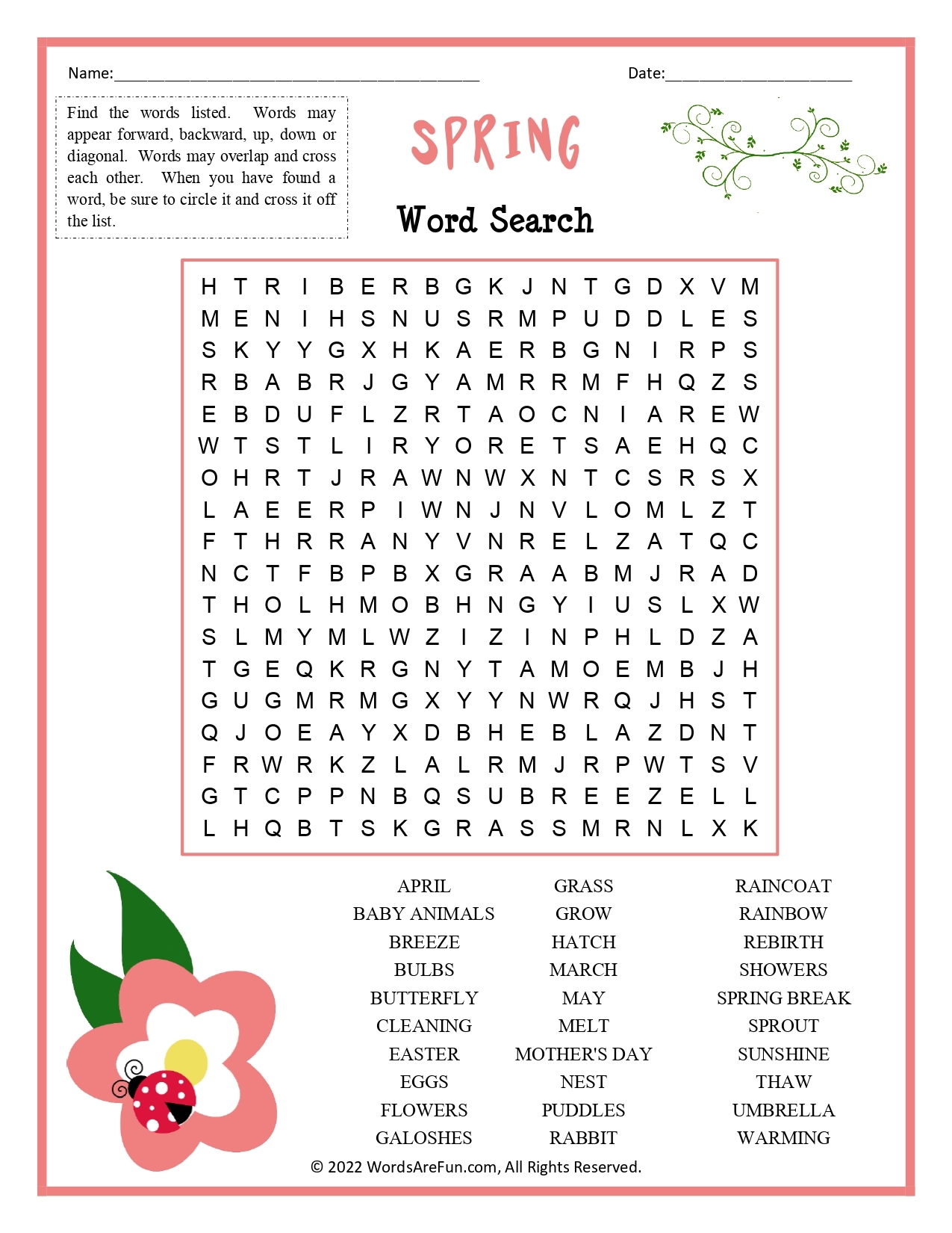 Spring Crossword Puzzle Printable For Kids