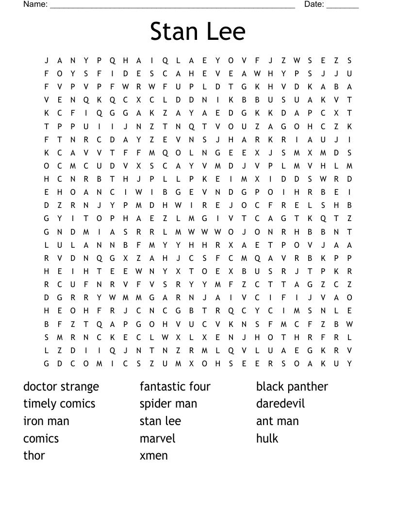 Stan Lee Word Search WordMint Stan Lee Word Search WordMint