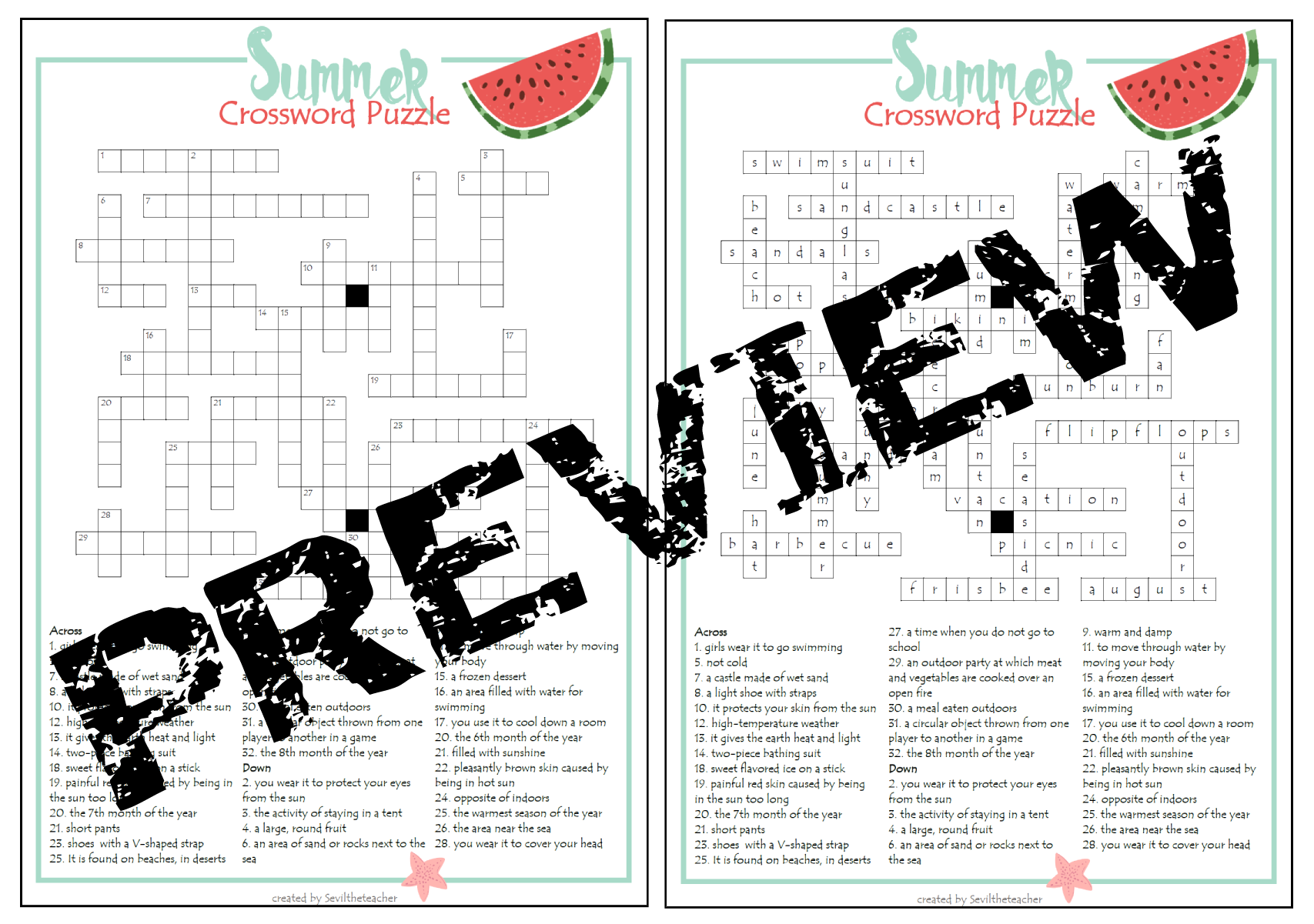 Summer Vocabulary Crossword Puzzle Teaching Resources