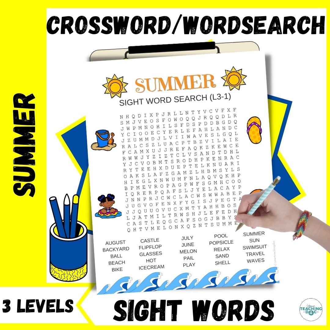 Summer Word Search And Crossword Sight Word Puzzle Worksheets 3 Levels Classful