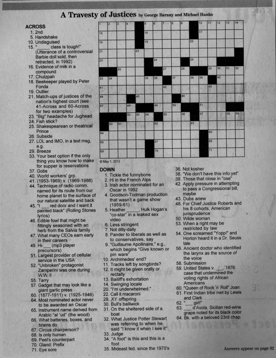 Supreme Court Crossword Puzzle By George Barany And Michael Hanko