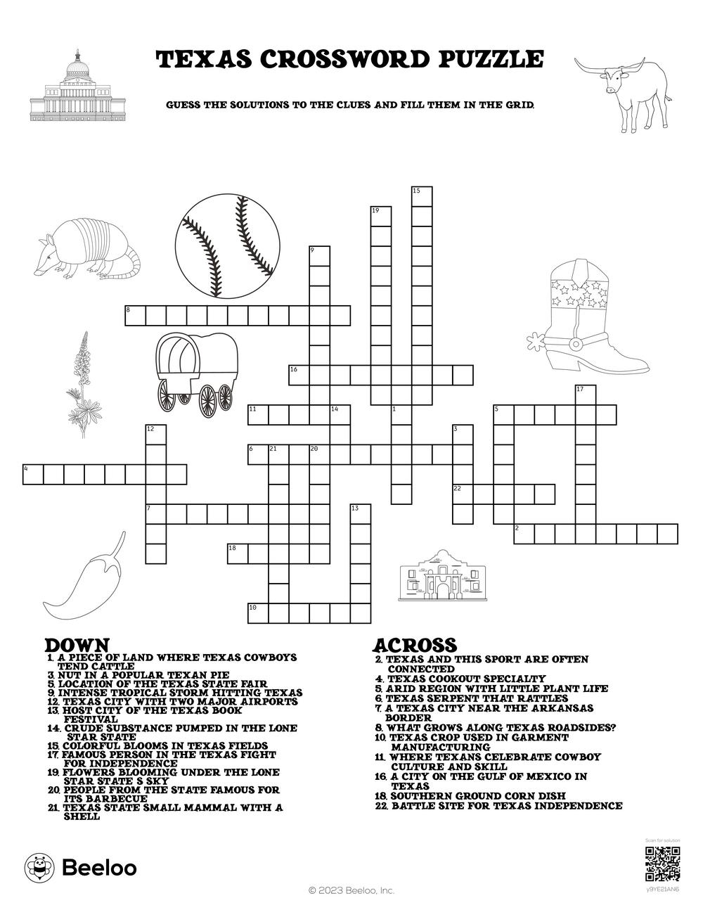 Texas Crossword Puzzle Beeloo Printable Crafts And Activities For Kids