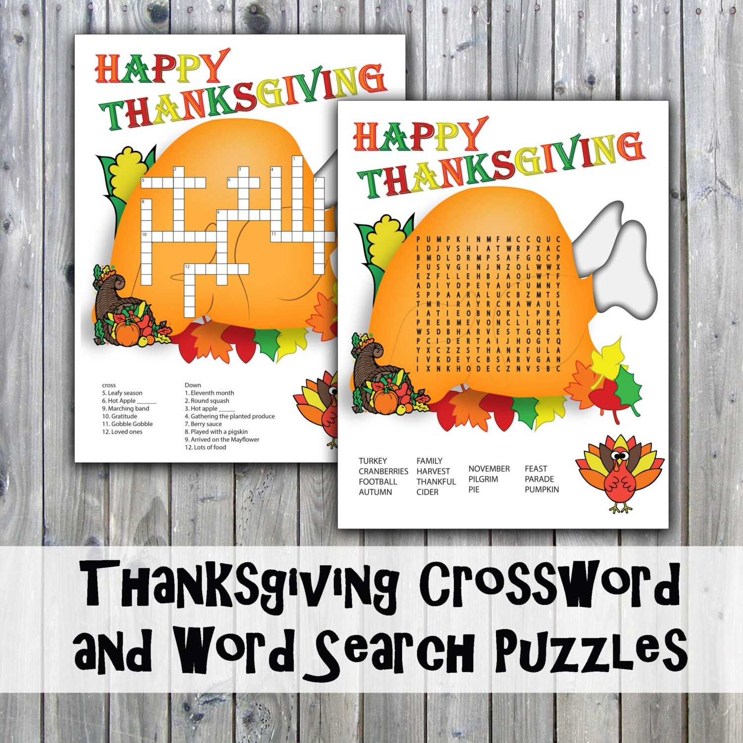 Thanksgiving Crossword Puzzle And Word Search Party Game Printables Instant Download Etsy