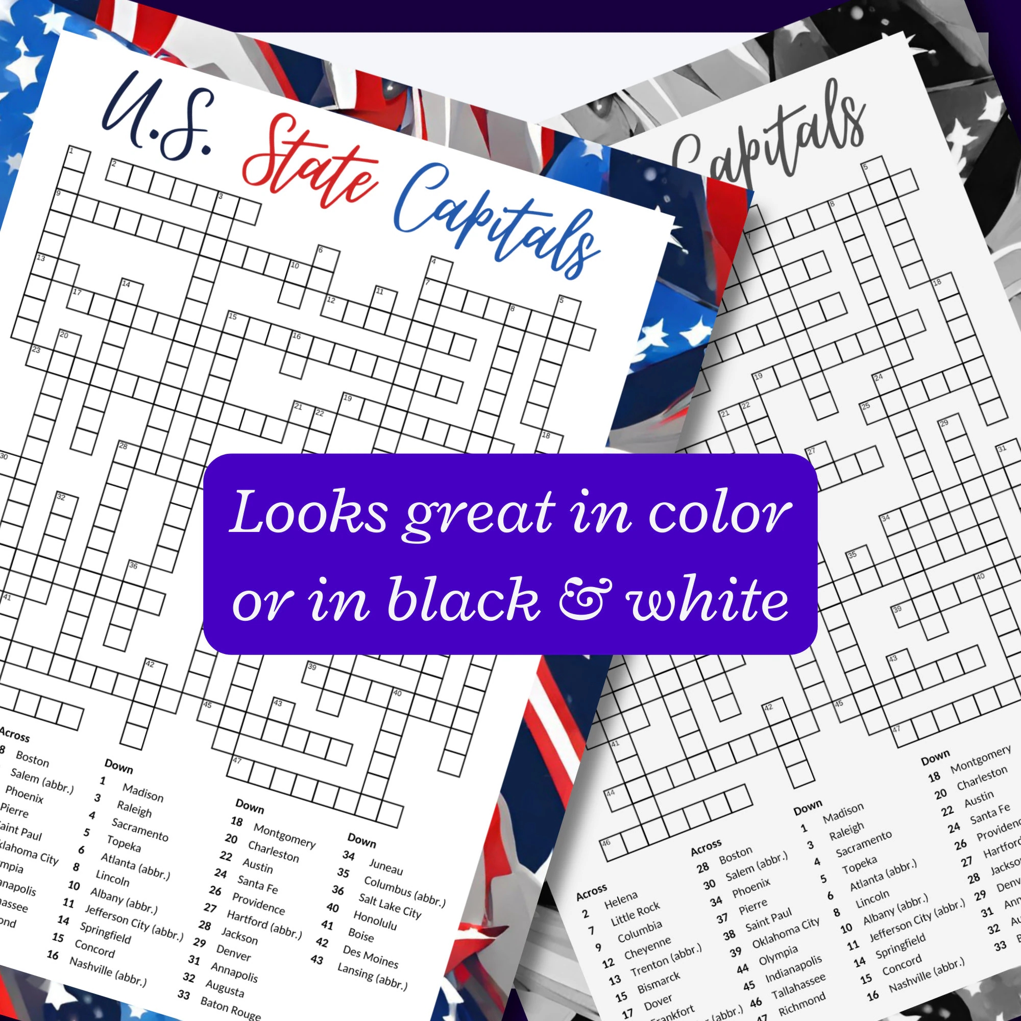 U S State Capital Crossword Puzzle Including All 50 States Great July 4 Or Family Reunion Game cross Word Puzzle For Teens adults Etsy