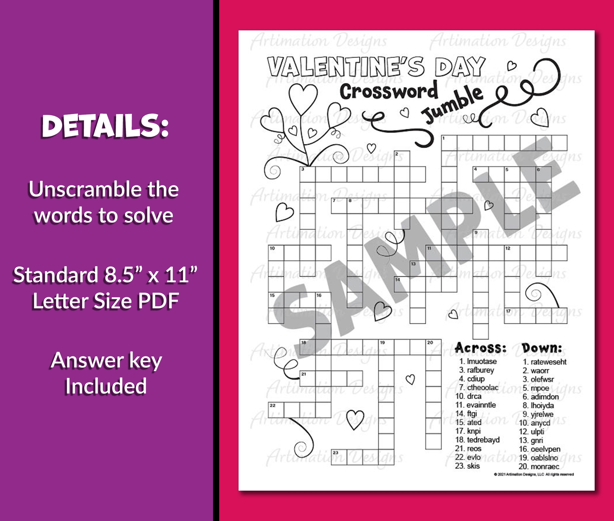Valentine s Day Crossword Puzzle Word Scramble February Word Game Activity Classful