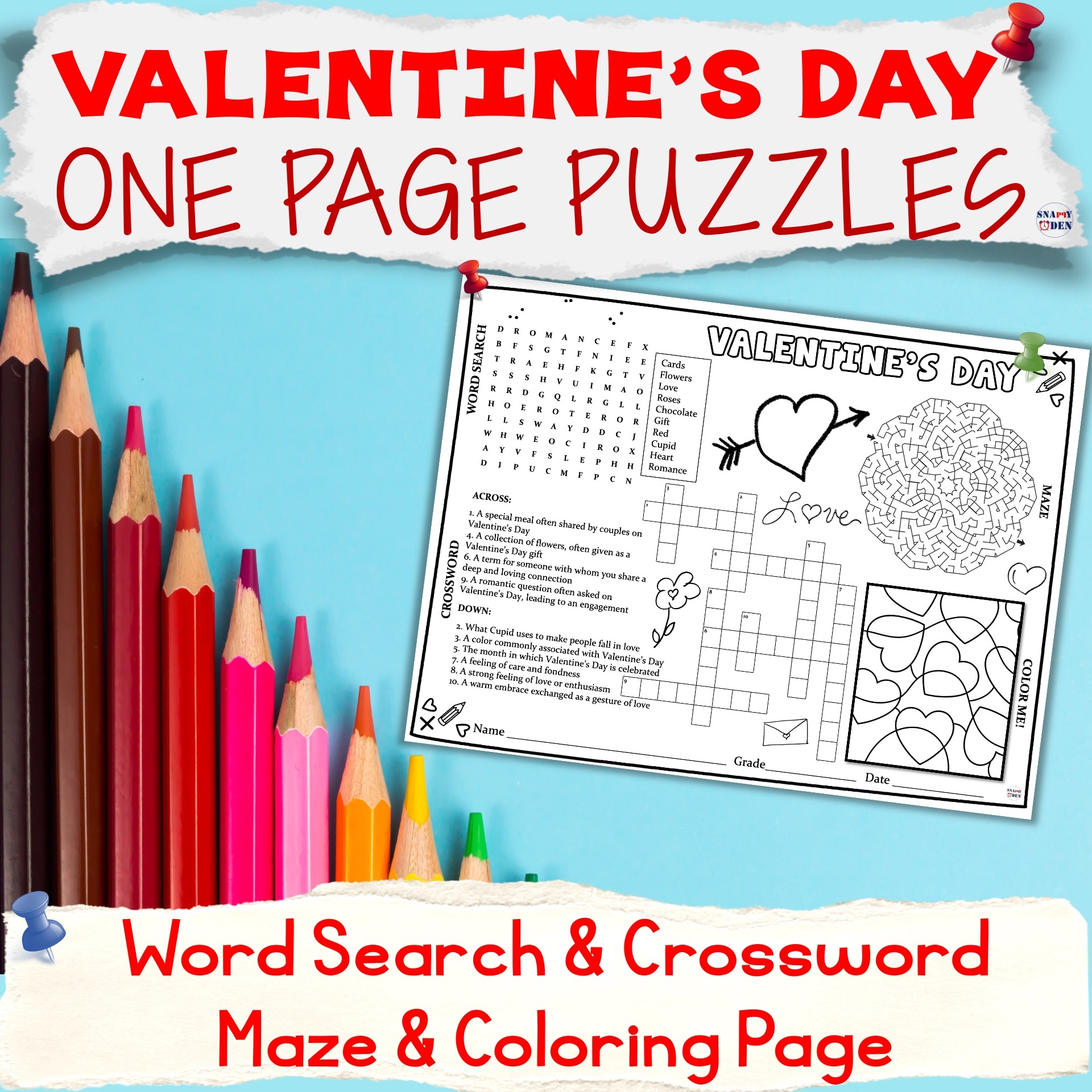 Valentine s Day Placemat Word Search Crossword Maze Coloring Page V Day Activity Made By Teachers