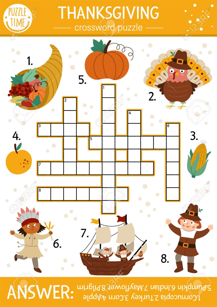 Vector Thanksgiving Crossword Puzzle For Kids Simple Autumn Quiz With Traditional Symbols For Children Educational Activity With Turkey Pilgrim Pumpkin Native American Fall Holiday Cross Word Royalty Free SVG Cliparts Vectors And
