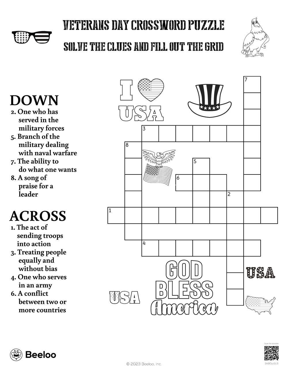 Veterans Day Crossword Puzzle Beeloo Printable Crafts And Activities For Kids