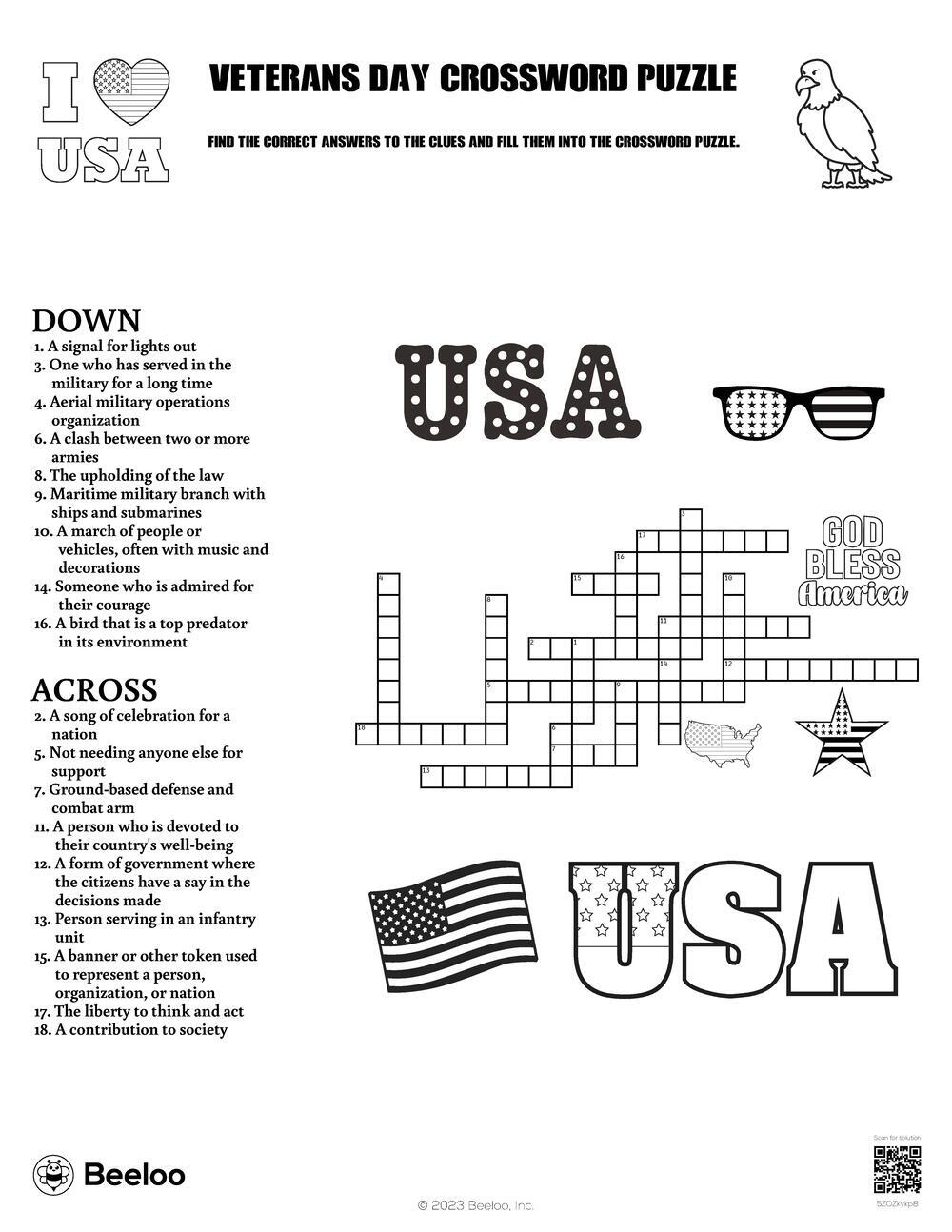 Veterans Day Crossword Puzzle Beeloo Printable Crafts And Activities For Kids