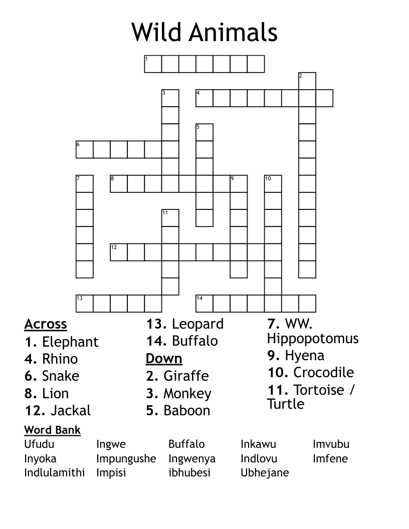 Wild Animals Crossword WordMint Wild Animals Crossword WordMint