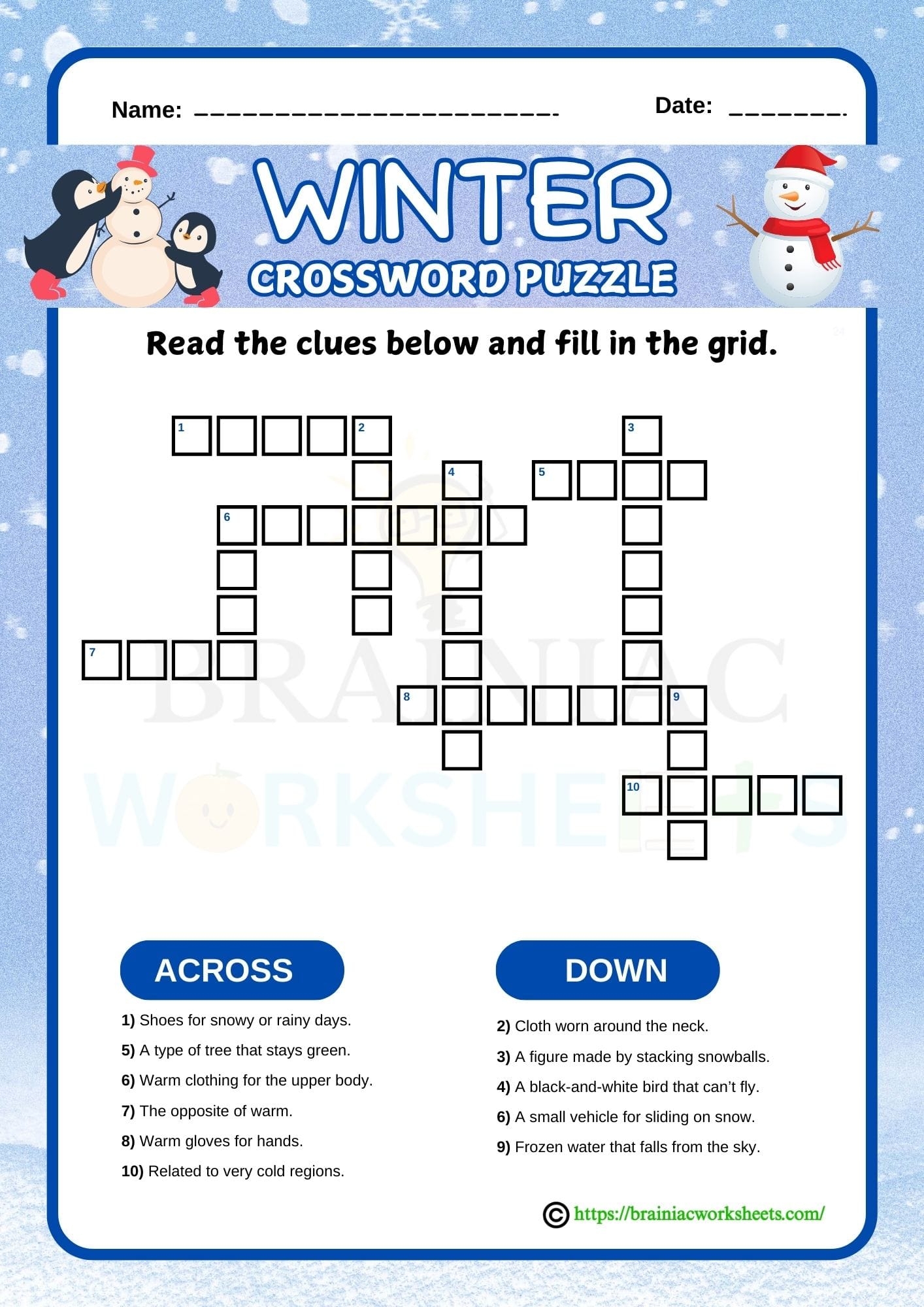 Winter Printables Crossword