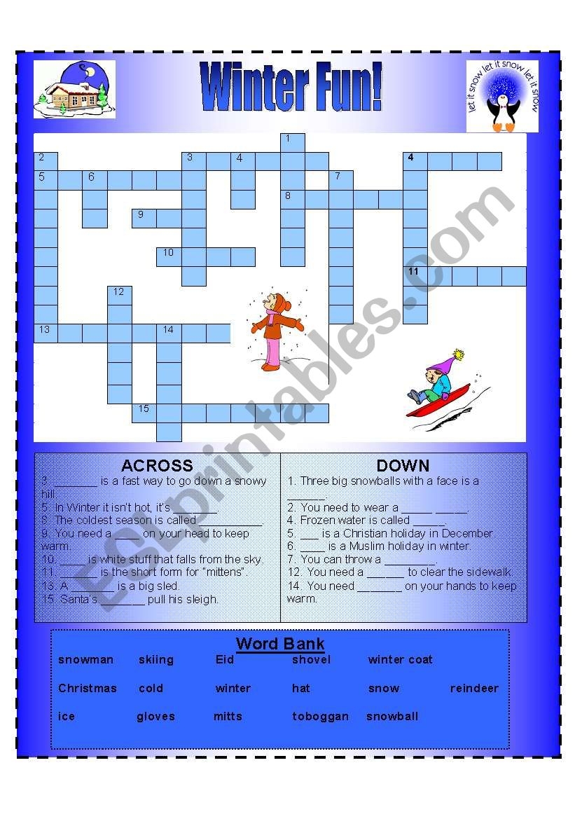 Winter Fun Crossword ESL Worksheet By Abennie