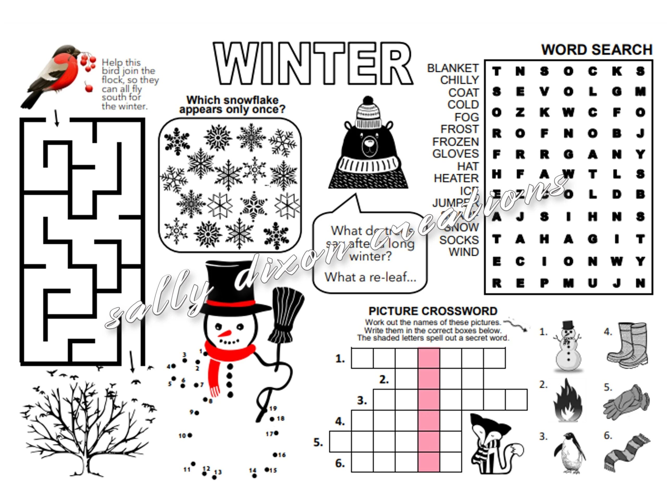 WINTER SEASON Puzzle Placemat PDF Crossword Puzzles Activity Sheet Puzzle Sheet Puzzle Place Mat Printable Wintertime Seasons Etsy