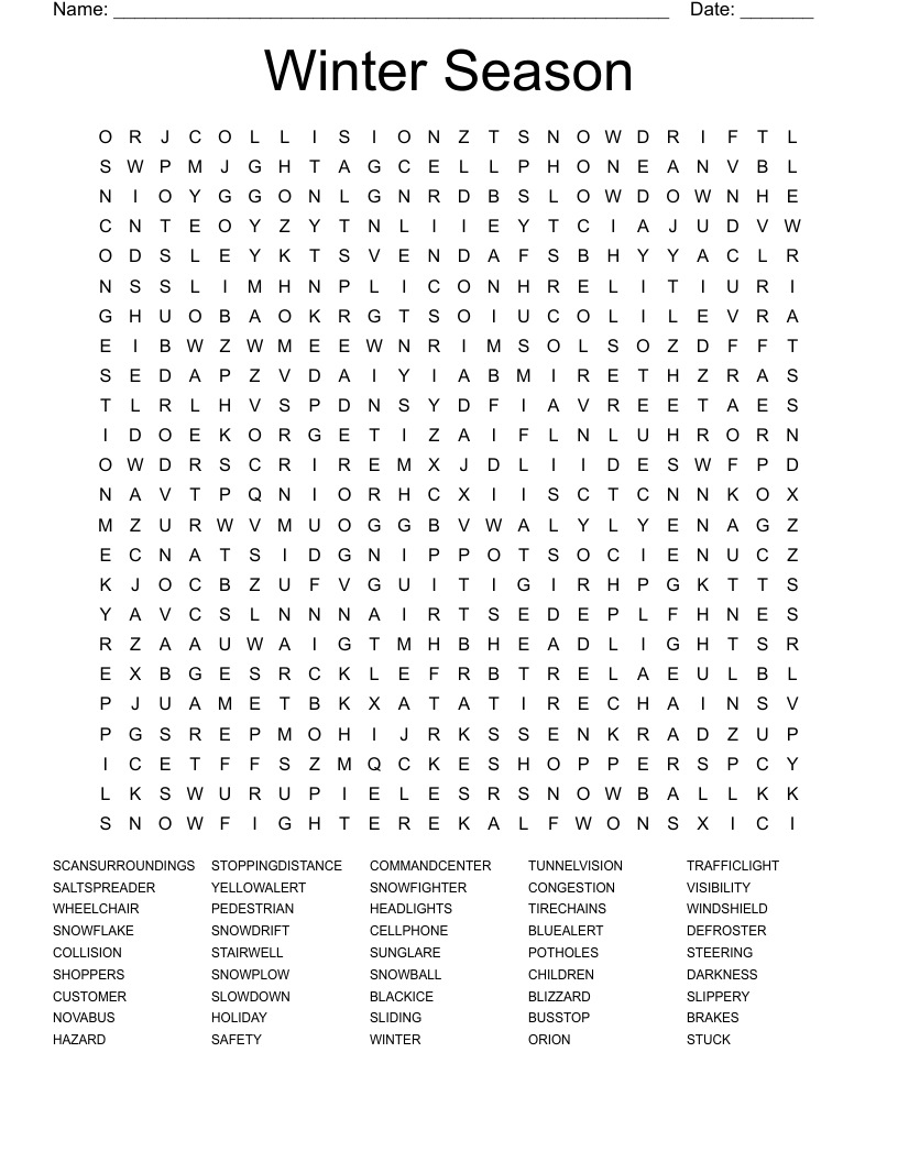 Winter Season Word Search WordMint